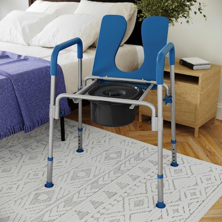 Hercules Blue Shower Commode Chair With Safety Rail,Height Adjustable Frame,Padded Seat & Armrests